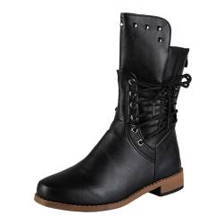 BOTCAM Weitschaftstiefel Damen Stiefel Damen Lace Up,Plateau Lederstiefel Winddicht Vintage Retro Winterstiefel Gefüttert Plattform Stiefeletten Keilabsatz Winter Damen Cowboystiefel von BOTCAM