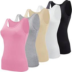 BQTQ 5 Stück Elastische Tank Tops Damen Unterhemden Stretch Crop Top Basic Cami Tank Top für Frauen und Mädchen, Schwarz, Weiß, Grau, Rosa, Beige, S von BQTQ