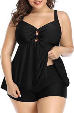 BSLVWG Damen Tankini Sets Plus Size Bauchkontrolle Badeanzüge Cross Straps Printed Top mit Boyshorts Bademode Badeanzug (DE/NL/SE/PL, Alphanumerisch, 4XL, Große Größen, Regular, Schwarz) von BSLVWG