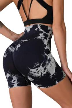 BSLVWG Frauen Gym Shorts Scrunch Bum Tie-dye Nahtlose Workout Shorts Bauchkontrolle Scrunch High Waisted Butt Lifting 3" Fahrradshorts (DE/NL/SE/PL, Bundweite, M, Regular, Regular, Schwarz) von BSLVWG