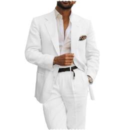 Men's 2 Piece Linen Suit Formal Wedding Prom Suits Classic Slim Fit Linen Suit for Men,White-XL von BYLUNTA