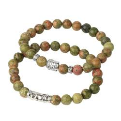 Stein Armband Für Damen,2 Stück Set 7 Chakra Natürliche Unakite Edelsteinperlen Silber Buddha Kopf Stretch Armbänder Buddhismus Gebetsarmbänder Geschenk Für Männer Frauen von BYUK