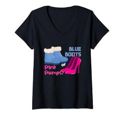 Damen Blaue Stiefel oder rosa Pumps Baby Geschlecht offenbaren Party Papa Mama T-Shirt mit V-Ausschnitt von Baby Party Gender Reveal Funny Apparel