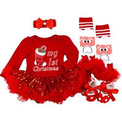 BabyPreg Mein erstes Baby Mädchen Weihnachten Outfit Neugeborenes Weihnachten Kleid Kostüm Partykleid 4Pcs(3-6 Monate,Rote Weihnachtssocke) von BabyPreg