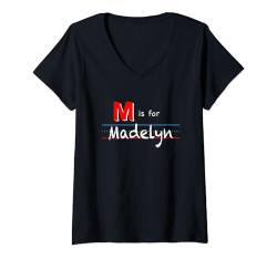 Damen M Is For Madelyn, personalisierter Name für Mädchen T-Shirt mit V-Ausschnitt von Back to School, Personalized Custom Girls Names