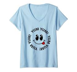 Damen Funny Yum Yum Yellow Smile Face Illustration Graphic Designs T-Shirt mit V-Ausschnitt von Bahaa's Tee