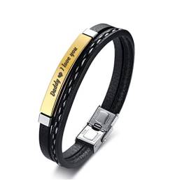 Banemi Lederarmband, Gold Armband Herren Edelstahl Erkennungsmarke mit Gravur Daddy I Love You Stilvolle Geschenke Zum Vatertag von Banemi