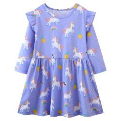 Baogaier Mädchen Kleider Baumwolle Langarm Kinder Lila Pferd Druck Winterkleid Herbstkleider A-Linie T-Shirt Rundhals Rüschen Festliche Casual Freizeitkleid Party Prinzessin Kleid Kleidung Gr.110-116 von Baogaier