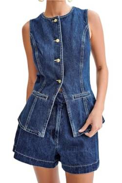 Barbotimer Zweiteiler Damen Sommer Denim Top und Kurze Hose Set Y2k Jeansweste Ärmellos Damen Weste Jeansjacke Denim Shorts Jeans Zweiteilig Outfits Elegant Lässig Business (Blau, S) von Barbotimer