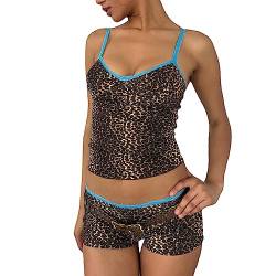 Zweiteiler Damen Sommer Y2k Top und Kurze Hose Set Pyjama Ärmellos Spaghettiträger Top Schleife Spitze Rückenfreies Oberteil Gestreift Leopard Blumendruck Outfits Slim Fit (Leopardendruck, M) von Barbotimer