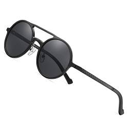 Barcur Retro Sonnenbrille Herren Rund Vintage Polarisierende Design (Schwarz Doppelte Brücke) von Barcur