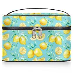 Lemon Blue Leaves Kosmetiktasche Damen Große Reise Make-up Tasche Make-up Tasche Tragbare Make-up Tasche Box Reißverschluss Kulturbeutel, wie abgebildet, 9.2*6.2*5.9inch von Bardic