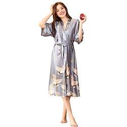 BaronHong Frauen Seide Vogel Print Kimono Loungewear Pyjama Nachtwäsche Bademantel (grau, L) von BaronHong