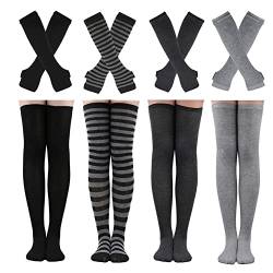 Barrlves 2/4 Sets Damen Gestreifte Kniestrümpfe Lange Strick Armstulpen Fingerlose Handschuhe für Halloween Weihnachten Kostüm, 4 Sets Solid Schwarz + Weiß + Tiefgrau + Grau, Einheitsgröße von Barrlves