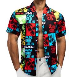 Barry.Wang Hawaiihemd Herren Kurzarm-Hemd Party-Hemd Sommerhemd Hawaii-Print Baumwolle Kurzarm Lässig Rot S-3XL von Barry.Wang