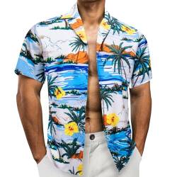 Barry.Wang Hawaiihemd Herren Kurzarm-Hemd Party-Hemd Sommerhemd Hawaii-Print Baumwolle Kurzarm Lässig Weiß S-3XL von Barry.Wang