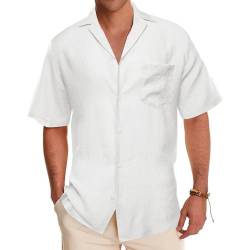 Barry.Wang Herren Hemden Leinen Baumwolle Kurzarm Sommer Strand Hemd Cuban Guayabera Casual Button Hawaiihemd, Weißes Hemd, XXL von Barry.Wang