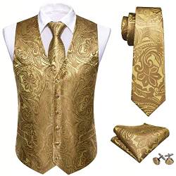 Barry.Wang Herren Paisleymuster Blume Jacquard Seide V-Ausschnitt Anzug Weste und Krawatte Einstecktuch Manschettenknöpfe für Hochzeit Smoking Abschlussball, gold, XXL von Barry.Wang