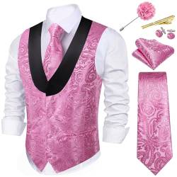 Barry.Wang Herren-Weste, Paisleymuster, Seiden-Jacquard, Schalkragen, Blumenmuster, formeller Anzug, Weste, Krawatte, 6-teiliges Set für Hochzeit, Smoking, Pink, Small von Barry.Wang