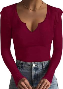 Basicspace Damen Herbst und Winter Huhn Herz V-Ausschnitt Lässig Vielseitig Langärmelige Tops Atmungsaktiv Stretch Gerippt Rot T Shirt(M,Rot) von Basicspace