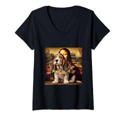 Damen Basset Mona Lisa Hemd Basset Mama Doggie Leonardo da Vinci T-Shirt mit V-Ausschnitt von Basset Hound Gifts and Doggie Shirts