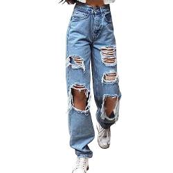 Bastwahl Cargo Hose Mädchen Weitem Vintage Jeanshose Freizeithose Mittlere Taille Schmale Beine Zerrissen Jeans Gerade Denim-Hose Mit Gerissenem Bein Mit Taschen Streetwear von Bastwahl