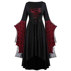 Gothic Kleid Damen Halloween Kostüm Damen Kleid Große Größe Gothic Maxikleid Sexy Spitze Kleider Mittelalter Kleid mit Trompetenärmel Cosplay Gebunden Taille Kleid Karneval Festlich Cosplay Party von Battnot