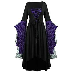 Gothic Kleid Damen Halloween Kostüm Damen Kleid Große Größe Gothic Maxikleid Sexy Spitze Kleider Mittelalter Kleid mit Trompetenärmel Cosplay Gebunden Taille Kleid Karneval Festlich Cosplay Party von Battnot