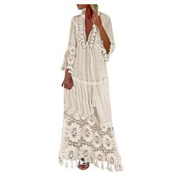 Langes Kleid Damen 3/4 Ärmel Floral Spitzenkleid V-Ausschnitt Strandkleid Boho Vintage Party Maxikleid Cocktailkleid Damen Kleid Strand Elegant Casual Kleid Sommerkleider Böhmen Kleider von Battnot