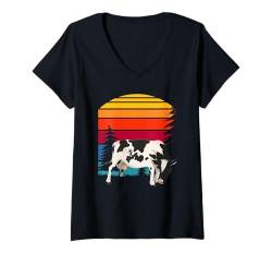 Damen Vintage Sonnenuntergang Kuh Bauernhof T-Shirt mit V-Ausschnitt von Bauernhof Tierliebhaber Lustige Kuh Humor