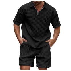 Baumwolle Leinenanzug Herren Stretch Waffel Jogginganzug Hochzeit Leinenanzug Sommer-Freizeitanzug Jogginganzug Zweiteiliges Kurzarmhemd Leinen-Hose Hemd Anzug Poloshirt + Shorts Set von Bauzuoyo