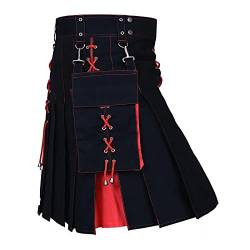 Kilt Herren Schottisch Karierter Faltenrock Herren Klassisch Kilt Rot Schwarz Kariert Tartan Rock Kurz Knielang Schottisch Schottenrock mit EIN-Schulter Träger Utility Kilt für Hochzeit von Bauzuoyo