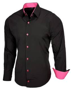 Baxboy Herren-Hemd Slim-Fit Bügelleicht Für Anzug, Business, Hochzeit, Freizeit - Langarm Hemden für Männer Langarmhemd R-44, Farbe:Schwarz/Pink, Größe:L von Baxboy