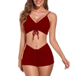 Baynetin Damen Zweiteiliger Bikini Set Ties-up V Ausschnitt Bademode Badeanzug Bikinio Mode High Waist Verstellbar Sport Sexy Bauchkontroll Beachwear Swimwear Strandkleidung (Rotwein, XL) von Baynetin