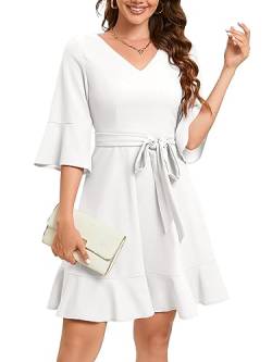 Bbonlinedress Festliche Kleider Damen V-Ausschnitt 3/4 arm Glockenärmeln Rockabilly Kleider Knielang Abendkleid Elegante für Hochzeit Freizeitkleider White XS von Bbonlinedress