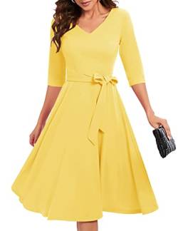 Bbonlinedress Festliche Kleider Damen Winterkleid 3/4 arm V-Ausschnitt Midi Kleider Rockabilly Kleider Cocktailkleid elegant für Hochzeit Yellow XL von Bbonlinedress