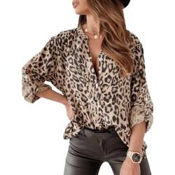 Bluse Damen V-Ausschnitt 3/4 Ärmel Button Tunika Lässig Elegant Leoprint Luftig Dünner Fashion Basic Streetwear Oberteil Hemd XL von Bcenoilua