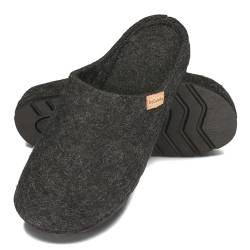 BeComfy Damen Herren Filz Hausshuhe mit Fußbett Unisex-Pantoffeln aus natürlichem Wollfilz Feste Sohle 36-46 EU (Schwarz, EU Schuhgrößensystem, Erwachsene, Numerisch, M, 37) von BeComfy