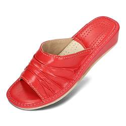 BeComfy Damen Pantolette Rot Beige Hausschuhe Öko-Leder Latschen mit Absatz Pantoffeln Sommer 36-41 EU (Rot, eu_Footwear_Size_System, Adult, Numeric, medium, Numeric_41) von BeComfy