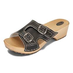 BeComfy Damen Sommer Holzpantoletten Holzclogs mit Offenen Zehen Schnalle Echtleder Weiß und Schwarz Größen 35-41 EU (Schwarz, eu_Footwear_Size_System, Adult, Numeric, medium, Numeric_41) von BeComfy