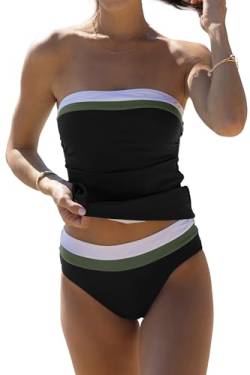 Beachsissi Bandeau-Badeanzüge für Damen, trägerlos, Badeanzug, Bauchkontrolle, Farbblock-Tankini-Sets, Schwarz, XL von Beachsissi