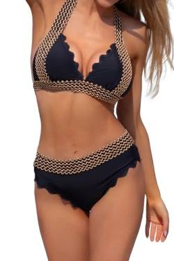 Beachsissi Damen Patchwork Gewelltem Saum und Neckholder Bikini Sets, Schwarz, XL von Beachsissi