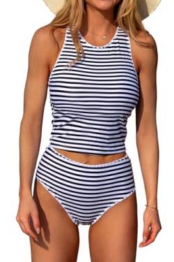 Beachsissi Damen Zweiteiliges Weißen Streifen und Rundem Ausschnitt Tankini Set, Streifen, L von Beachsissi