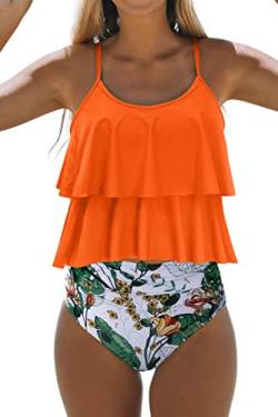 Beachsissi Tankini Badeanzug Stripe Print High Waisted Tummy Control 2-Teiler Badeanzug, Orange, XL von Beachsissi