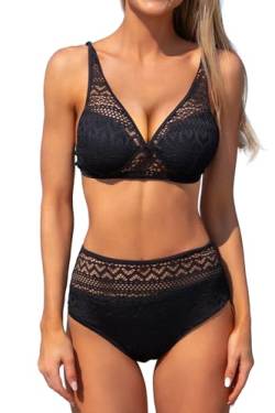 Damen Spitze Patchwork V Ausschnitt Sexy Bikini Set Hohe Taille Zweiteiler, schwarz, Large von Beachsissi