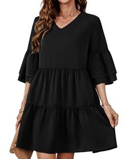 BebreezChic Damen Sommerkleider V-Ausschnitt 3/4 Arm Elegant Kurzes Kleider Loose Rüschen Einfarbig Minikleider Casual, Schwarz M von BebreezChic