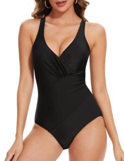 Becellen Badeanzug Damen Bauchweg, Schwarz Shape Badeanzüge mit Cups Einteiliger Schlankheits One Piece Swimsuit V Ausschnitt Sommer Monokinis Raffung Bademode von Becellen