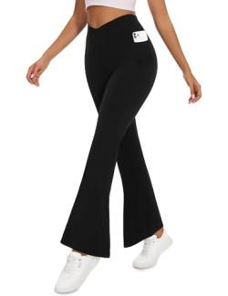 Becellen Schwarze Schlaghose Damen, Bootcut Yogahose mit Taschen Freizeit Flared Leggings Hohe Taille Jazzpants Blickdicht Stretch Yoga Pants für Damen von Becellen