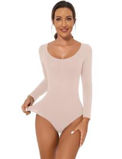 Becotal Damen Body Shaper Shapewear Stark Formend Bauchweg Langarm Unterhemd Rundhals Bodysuit Top Nahtlose Basic Shirt, Beige, XL von Becotal