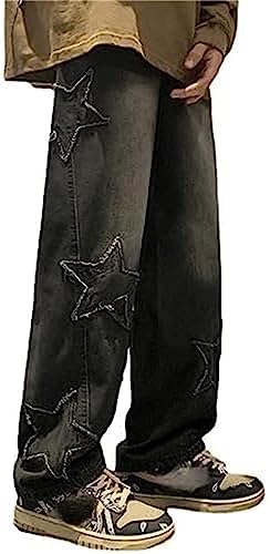 HotelBee Damen Vintage Star Patchwork Y2K Baggy Jeans Hoch Taillierte Hose Mit Geradem Bein Emo Grunge Denim Hose Mit Taschen (3XL,Schwarz) von BeerMmay